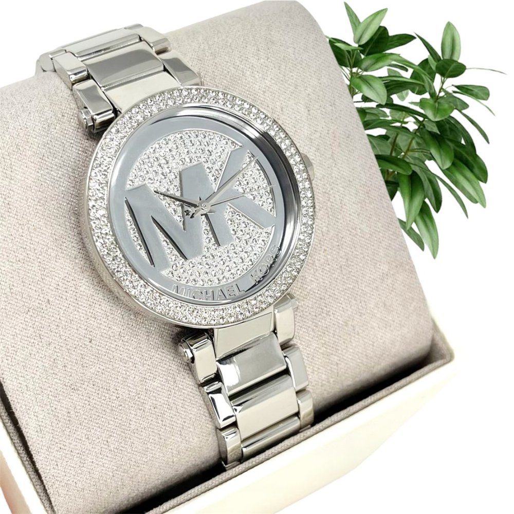 NWT MICHAEL KORS Parker Silver Logo Dial Quartz Ladies Watch MK5925